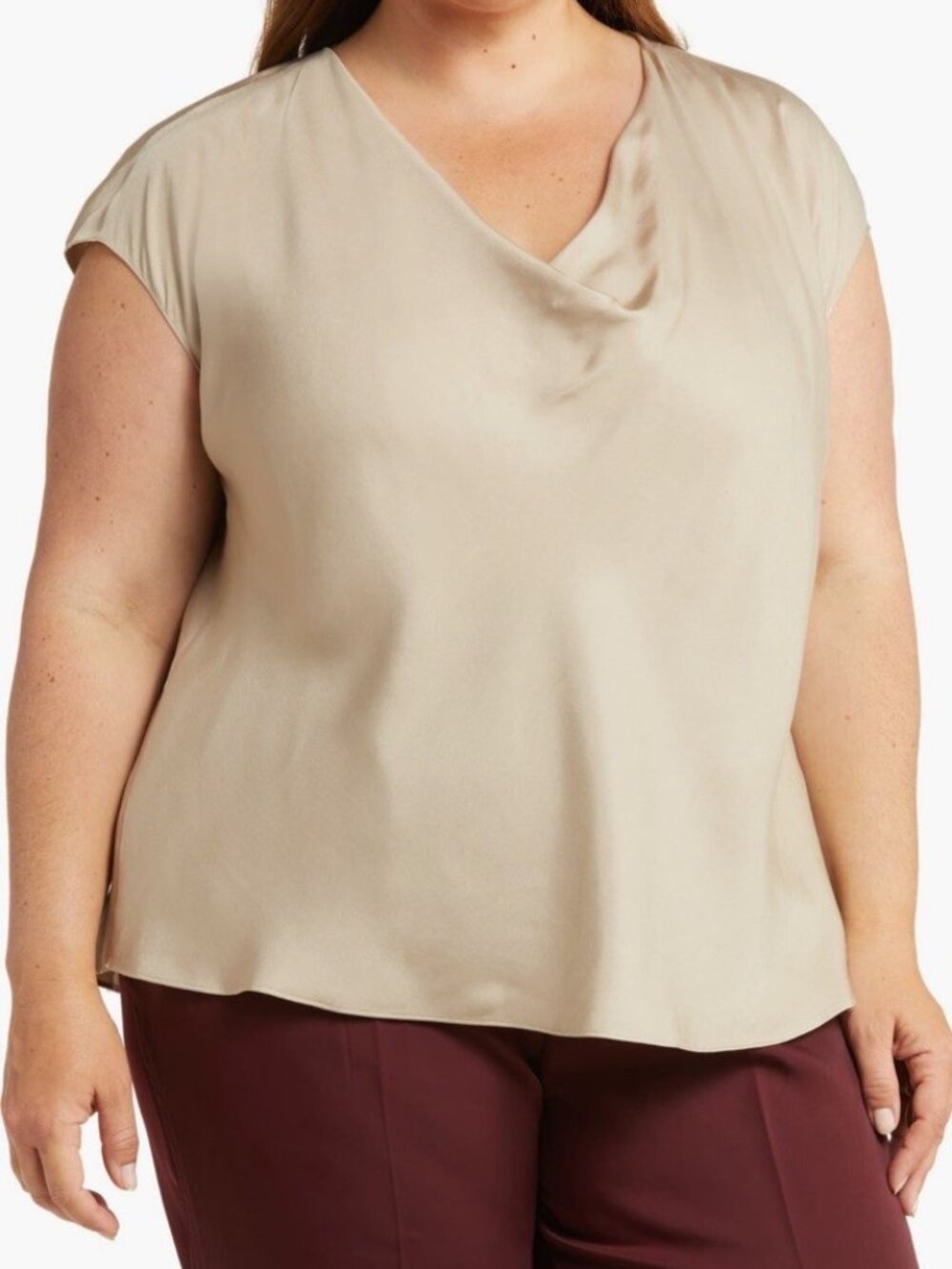 Vince Womens Blouse Oat Silk Blend Cowl Neck Cap Sleeve Size 1X